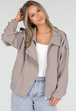 Taupe Bikerjack met Opstaande Kraag en Ritssluiting