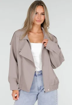 Taupe Bikerjack met Opstaande Kraag en Ritssluiting