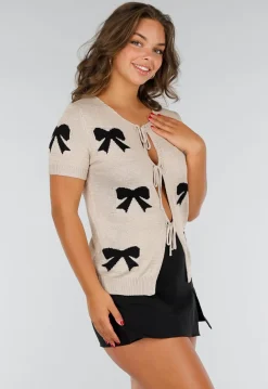 Taupe Gebreide Top met Strikprint, Striksluitingen, Stretch en Boordafwerking
