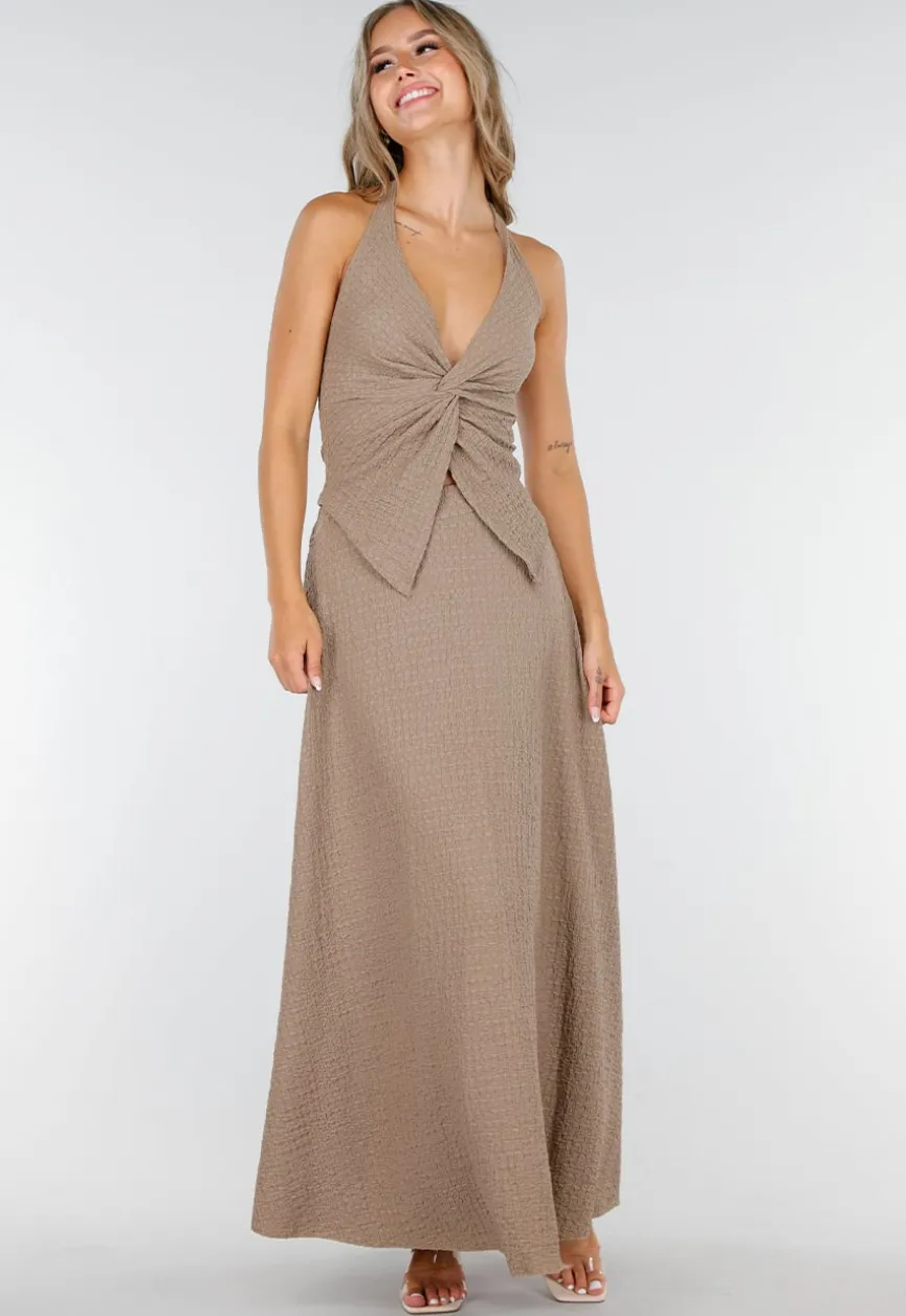 Taupe Halter Set met Geknoopte Top en Stretch