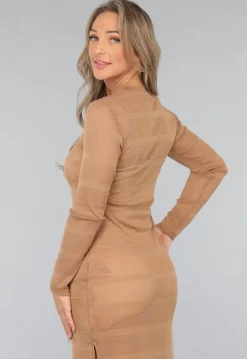 Taupe Jurk met Knit Look en Onderjurk