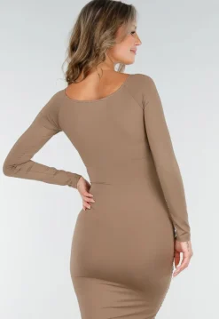 Taupe Jurk met Overslag, Ruches en Stretch