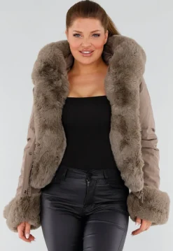 Taupe Korte Jas met Imitatiebontkraag
