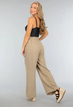 Taupe Linnenlook Broek met Wijde Pijpen