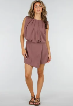 Taupe Mouwloze Playsuit met Overslagrok en Schoudervulling
