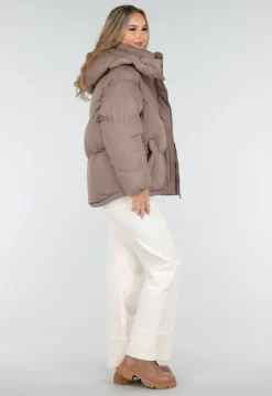 Taupe Pufferjas met Capuchon en Rits