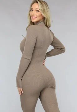 Taupe Ribstof Jumpsuit met Lange Mouwen en Rits