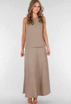 Taupe Set met Hooggesloten Top en Stretch