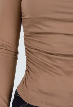 Taupe Stretch Top met Plooitjes en Lange Mouwen