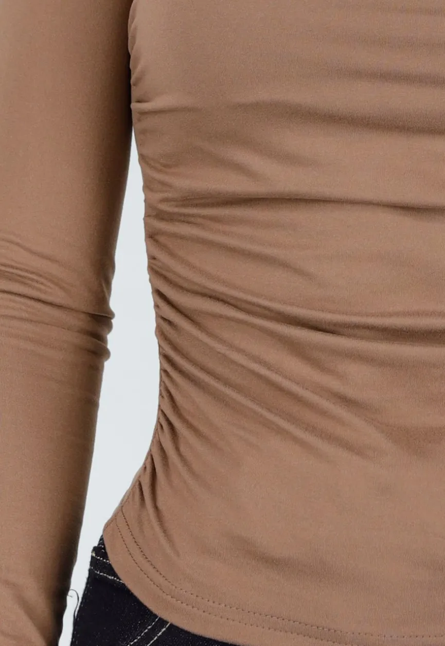 Taupe Stretch Top met Plooitjes en Lange Mouwen
