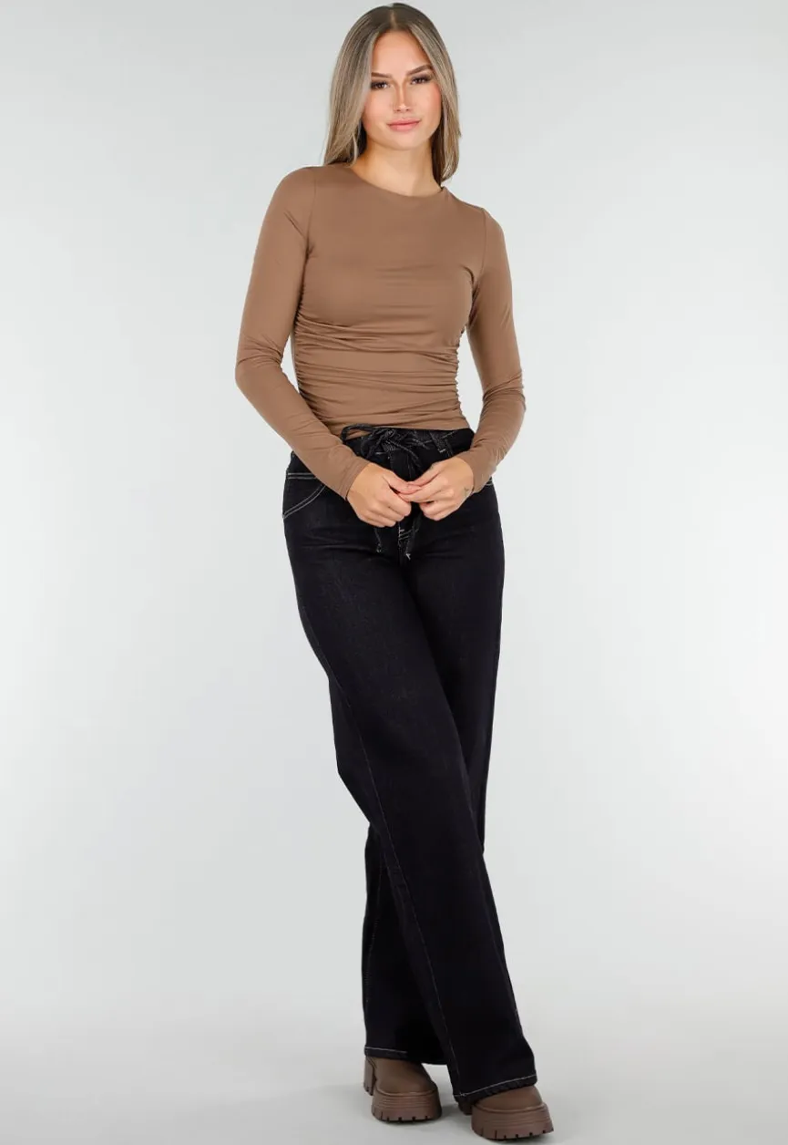 Taupe Stretch Top met Plooitjes en Lange Mouwen