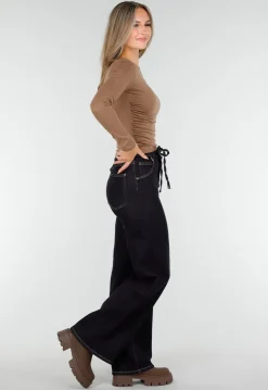 Taupe Stretch Top met Plooitjes en Lange Mouwen