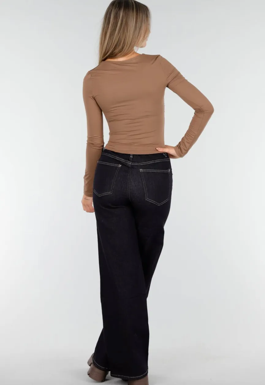 Taupe Stretch Top met Plooitjes en Lange Mouwen