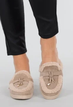 Taupe Teddy Instappers met Goudkleurig Detail