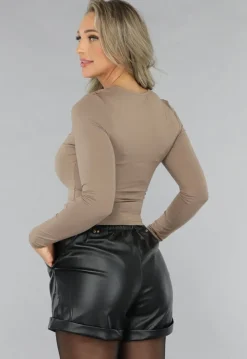 Taupe Topje met Gedrapeerde Hals
