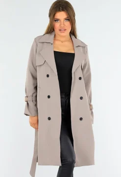 Taupe Trenchcoat met Knoopsluiting en Gespjes