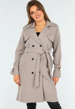 Taupe Trenchcoat met Knoopsluiting en Gespjes