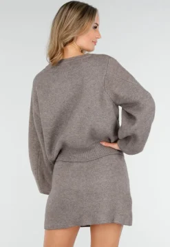 Taupe Twee-Delige Set met Gebreid Vest en Rok
