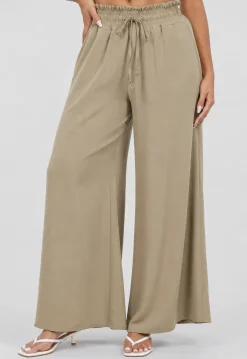 Taupe Wide Leg Broek met Smock Taille en Strikkoord