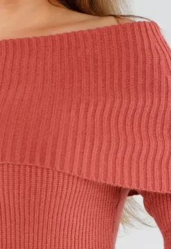 Terracotta Off Shoulder Gebreide Trui met Uitlopende Mouwen