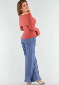 Terracotta Off Shoulder Gebreide Trui met Uitlopende Mouwen