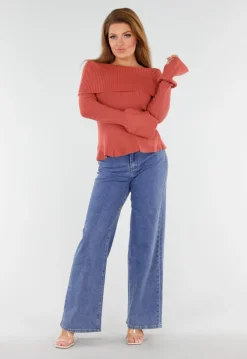 Terracotta Off Shoulder Gebreide Trui met Uitlopende Mouwen