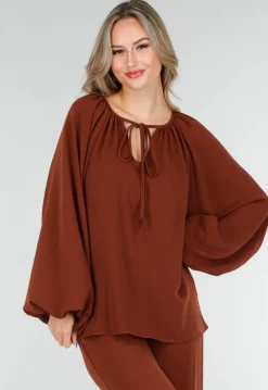 Terracotta Stretch Blouse met Striksluiting en Wijde Mouwen