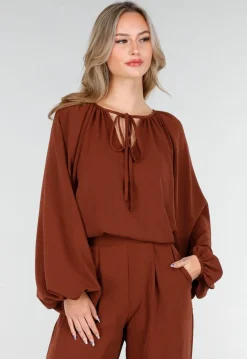 Terracotta Stretch Blouse met Striksluiting en Wijde Mouwen