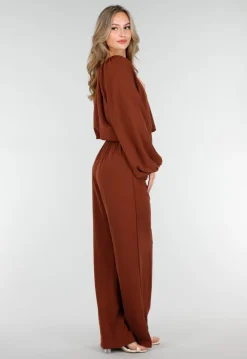 Terracotta Stretch Blouse met Striksluiting en Wijde Mouwen