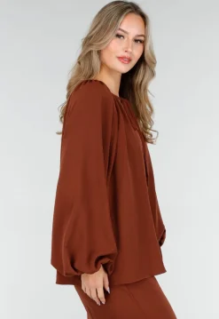 Terracotta Stretch Blouse met Striksluiting en Wijde Mouwen