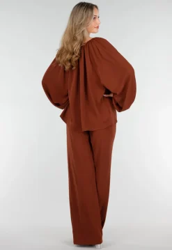 Terracotta Stretch Blouse met Striksluiting en Wijde Mouwen