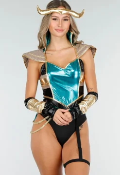 Trickster Goddess Party Kostuum in Groen Zwart en Goud