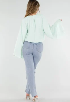 Turquoise Blouse met Wijde Lange Mouwen
