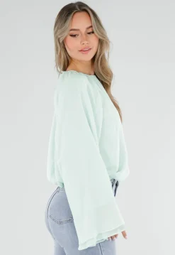 Turquoise Blouse met Wijde Lange Mouwen