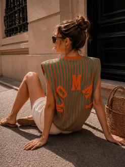 Turquoise Gestreepte Top met Schoudervullingen en Mommy Opdruk