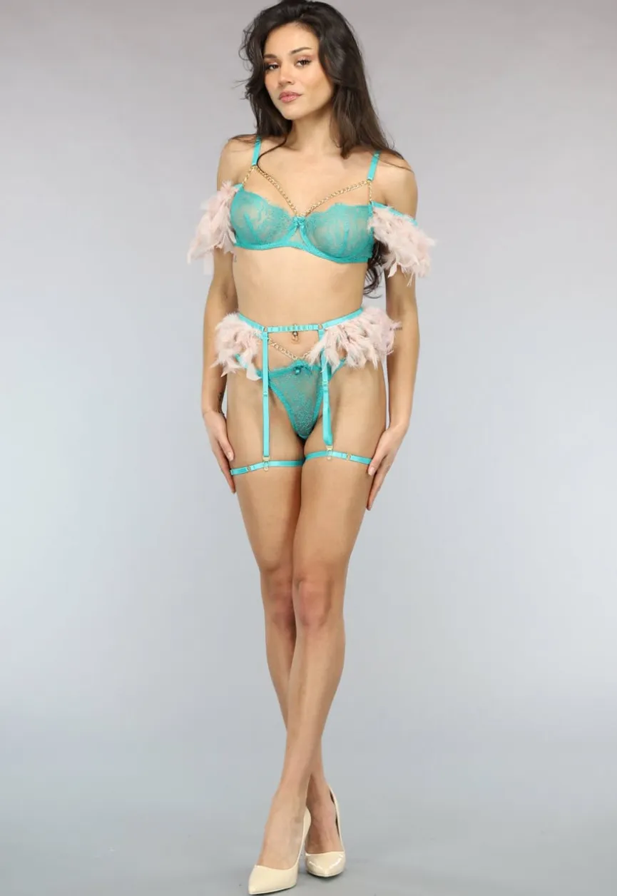 Turquoise met Roze Veren Lingerie Set met Jarretelgordel en Kettingdetails
