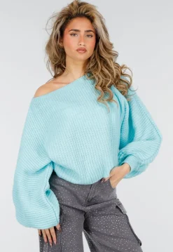 Turquoise Trui met Wijde Mouwen