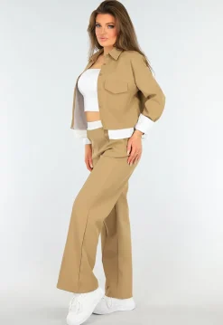 Tweedelige Camel Set met Elastische Tailleband en Blouse Detail