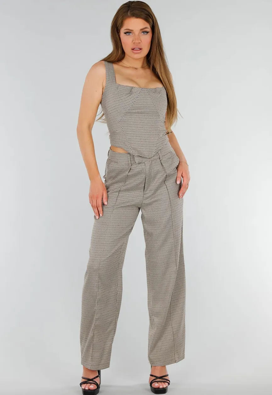 Tweedelige Geruite Stretch Set met Hoge Taille Broek en Korsettop met Baleinen