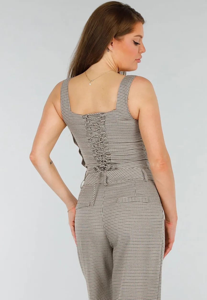 Tweedelige Geruite Stretch Set met Hoge Taille Broek en Korsettop met Baleinen