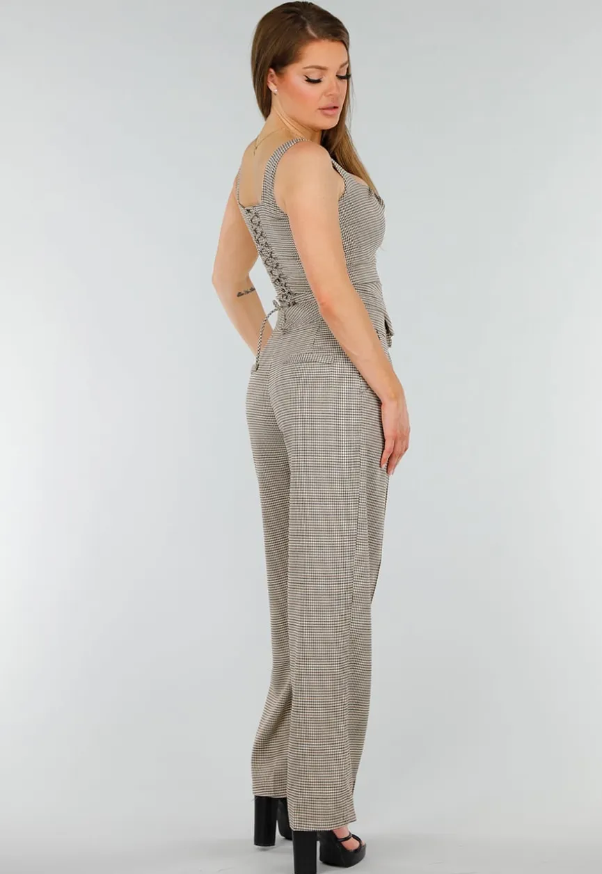Tweedelige Geruite Stretch Set met Hoge Taille Broek en Korsettop met Baleinen