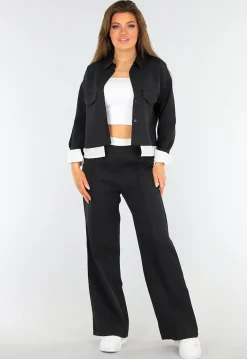 Two Piece Set Zwart met Tailleband en Jasje met Knoopsluiting