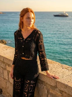 Two Piece Zwart Gehaakte Vest en Broek met Ingewerkt Broekje
