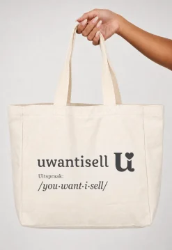 Uwantisell™ Crème Canvas Shopper met Dubbele Schouderhengsels en Opdruk