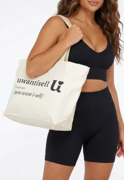 Uwantisell™ Crème Canvas Shopper met Dubbele Schouderhengsels en Opdruk