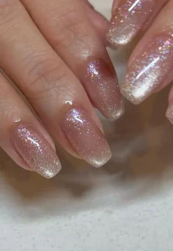 Vierkante Lichtroze Ombre Glanzende Kunstnagels met Glitters Holografisch