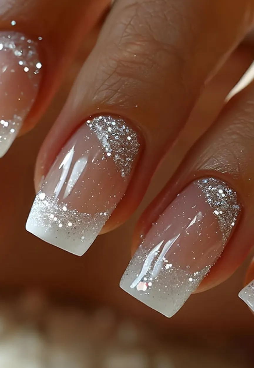 Vierkante Witte Ombre French Kunstnagels met Zilveren Glitters Swirl