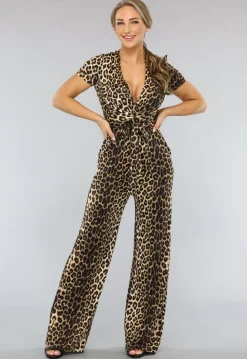 Wide Leg Korte Mouwen Jumpsuit met Panterprint