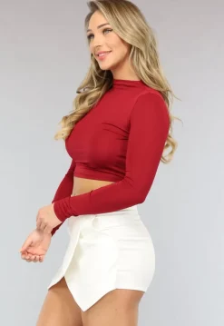 Wijnrode Crop Top met Lange Mouwen