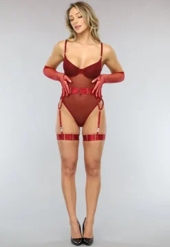 Wijnrode Doorschijnende Lingerie Set met Handschoenen